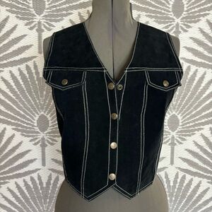 Vtg Black Suede Cropped Leather Western Vest Sz M White Stitching 90s Cowgirl